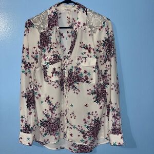 Candie’s Button Blouse, White and Floral, Medium